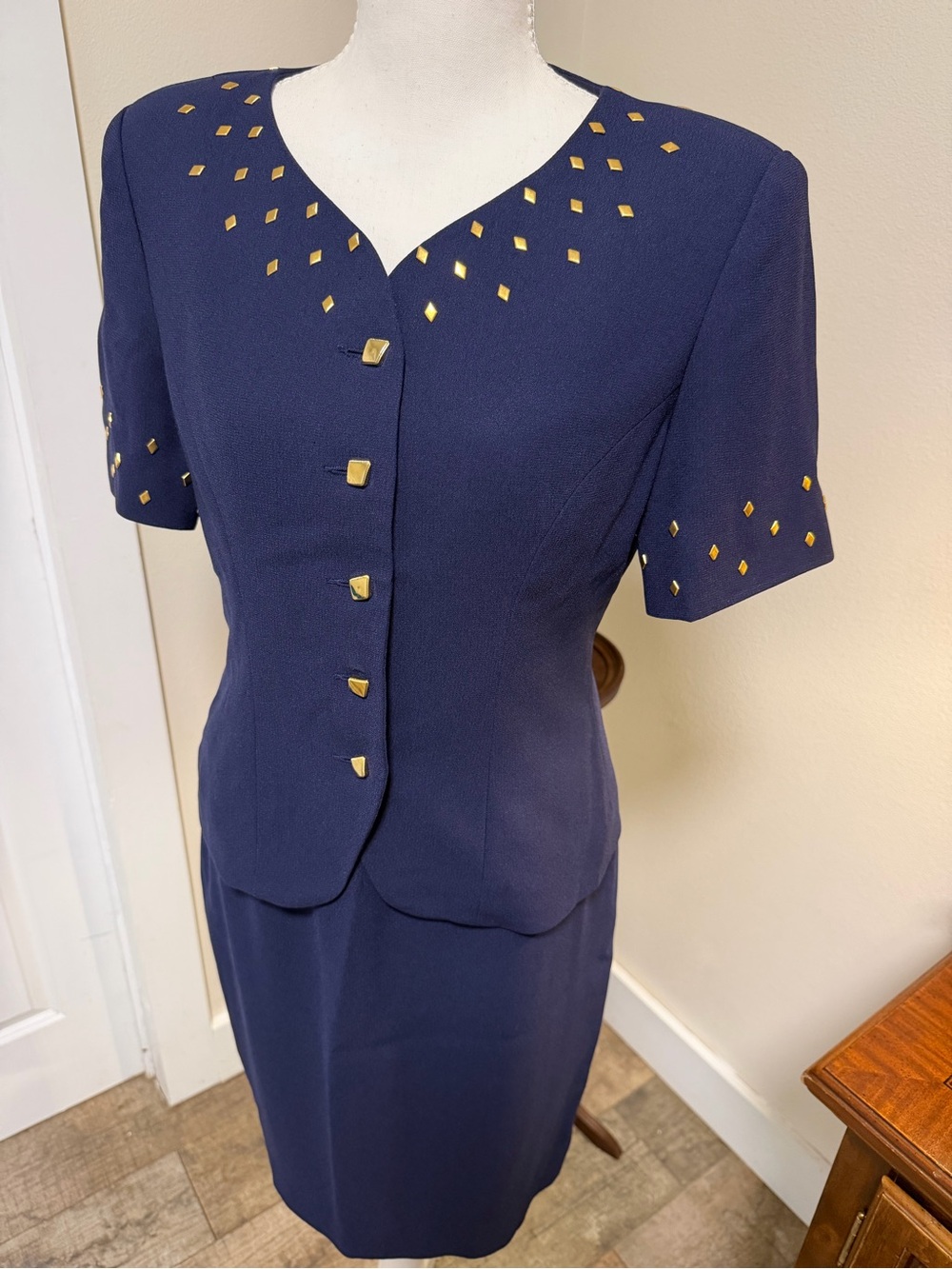 Vintage Navy Short-Sleeve Blazer with Skirt Set Gold Accent Buttons 1980s Retro
